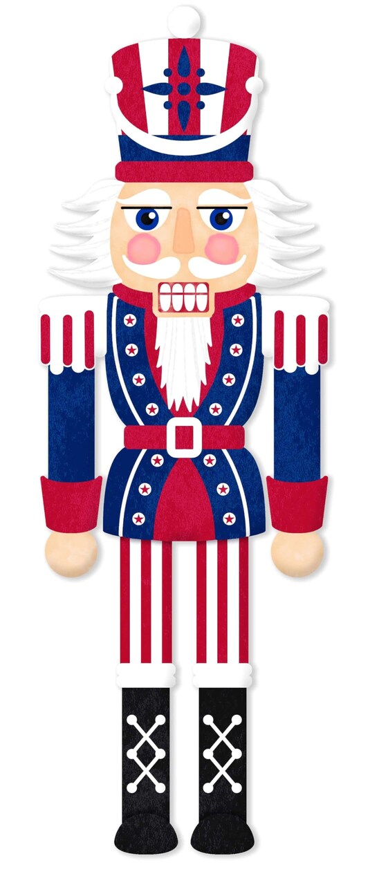 Nutcracker Shaped Embossed Metal Christmas Sign with Sawtooth Hanger for Wreath Accents, Garlands, Crafts, and Decorations (Red, White, Blue, 12" x 4" Inches)